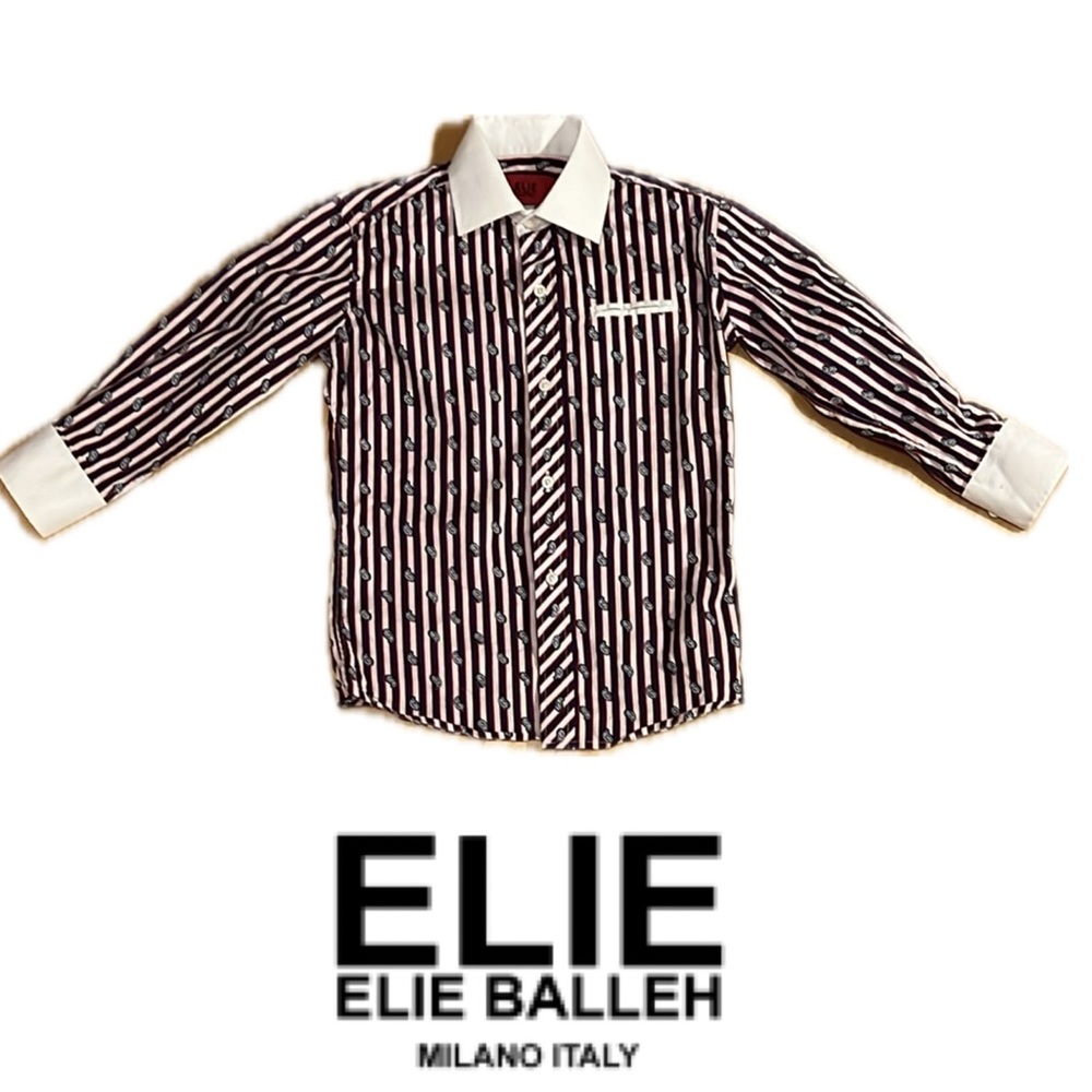 👦Red & Navy Striped Modern Fit Paisley | White Collar/Cuffs—Elie Balleh Size 6